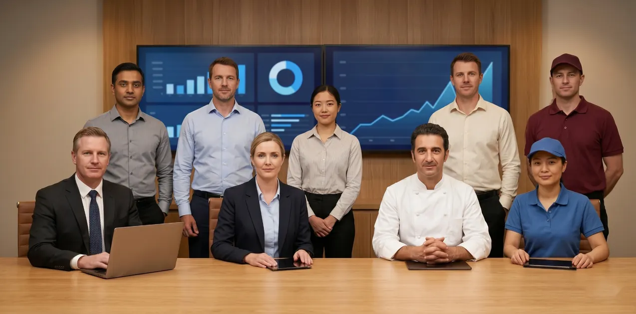 Operators from across hospitality, manufacturing, retail, childcare, aged care and commercial property in front of a live business performance dashboard